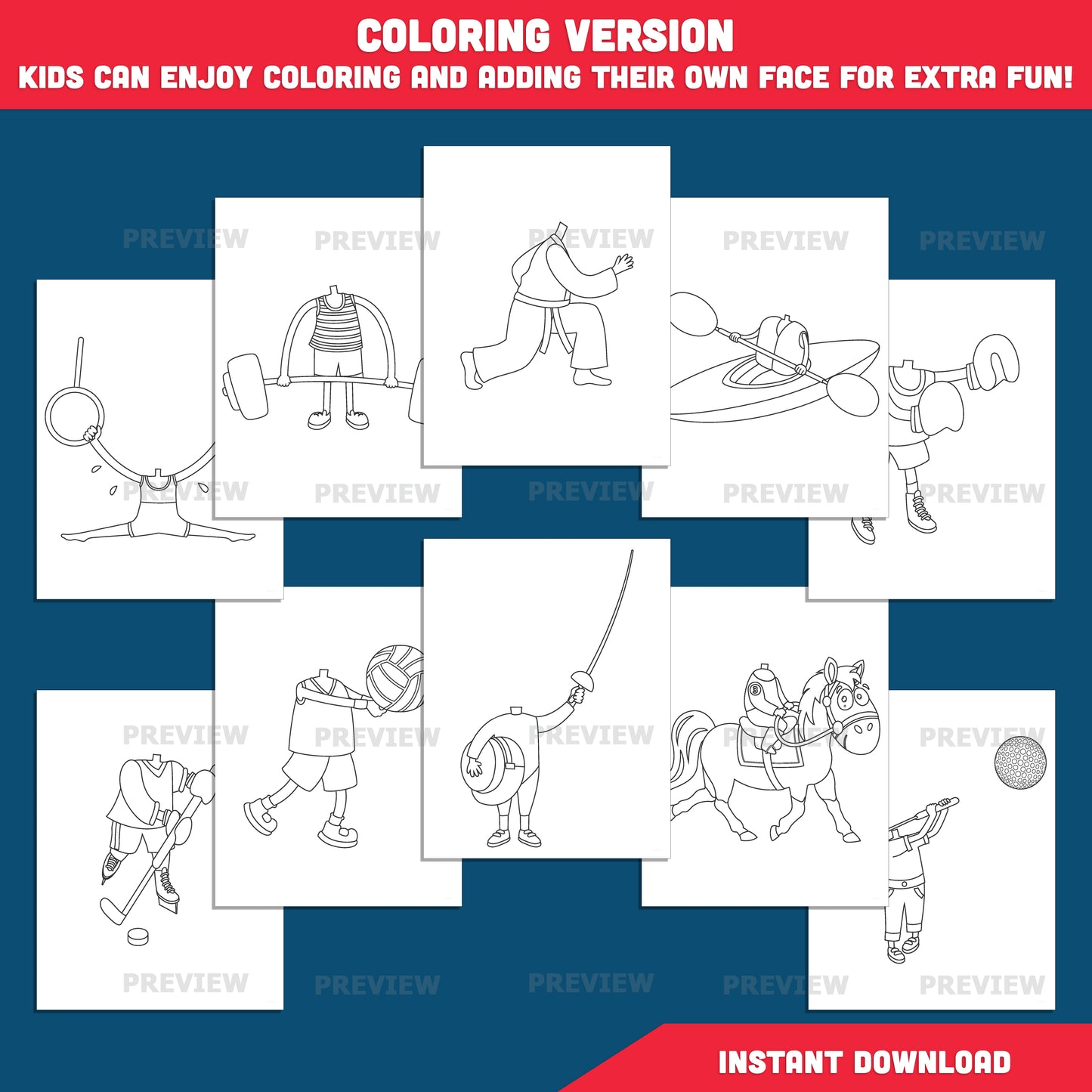 Put Your Own Face on Sports Players, Kid Sports Body Clipart Templates, Personalized Athlete Coloring Pages, PDF Download