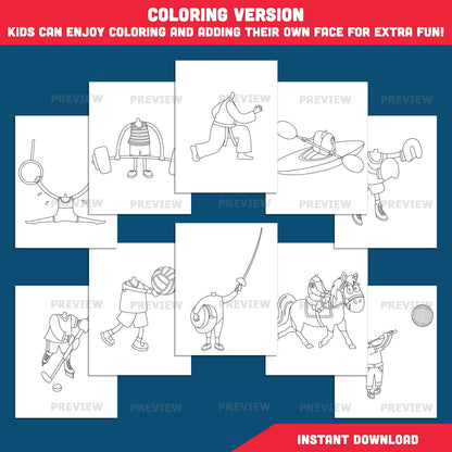 Put Your Own Face on Sports Players, Kid Sports Body Clipart Templates, Personalized Athlete Coloring Pages, PDF Download