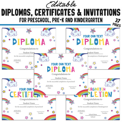 37 Editable Pre-Kindergarten, Kindergarten, and Preschool Diploma, Certificate & Invitation Templates, PDF Files, Instant Download