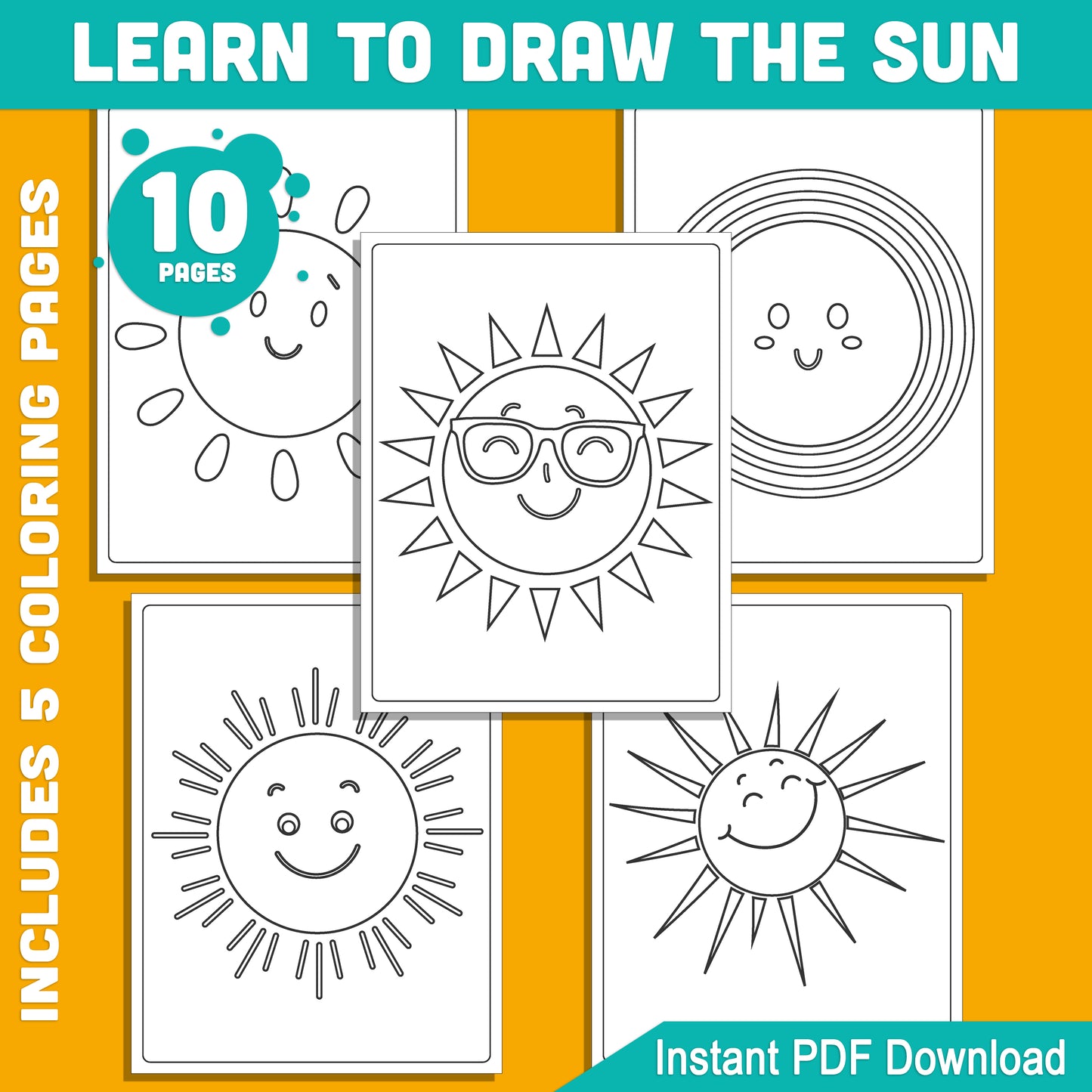 6-Step Sun Drawing Guide + 5 Coloring Pages, Perfect Art Activity for Kids’ Creativity, Instant PDF Download for Easy Creative Fun