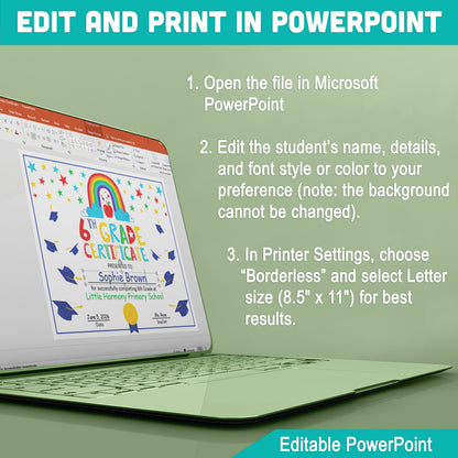 6th Grade Certificate Template: Customizable PDF & PowerPoint for Recognition Awards, Graduation, and Special Achievement Milestones, Letter Size