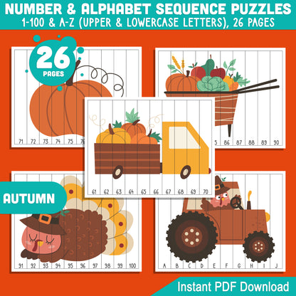 Autumn-Themed Sequence Puzzles: Numbers 1-100 & Alphabet A-Z for Early Learners, Perfect for Math Centers