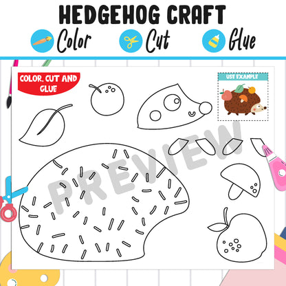 Hedgehog Craft Activity: Color, Cut, and Glue, Fun for PreK to 2nd Grade, PDF Instant Download