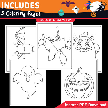 Halloween Directed Drawing, Learn to Draw a Ghost, Halloween Pumpkin, Witch, Bat & Monster, 6-Step Kids Art Activity, 5 Coloring Pages, A4, Letter