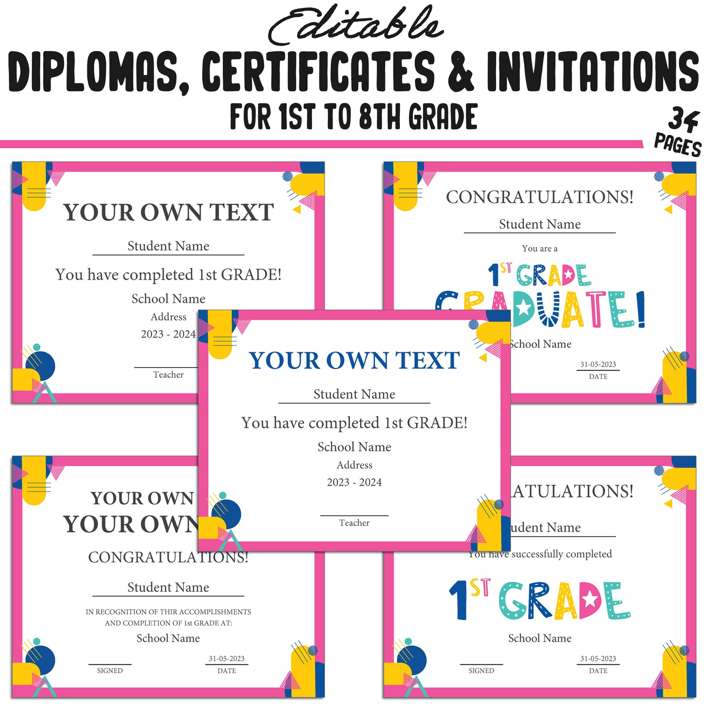 Editable Diploma for 1st Graders, 1st-8th Grade Graduation Certificates & Invitation Templates in a Flat Modern Theme - PDF Instant Download