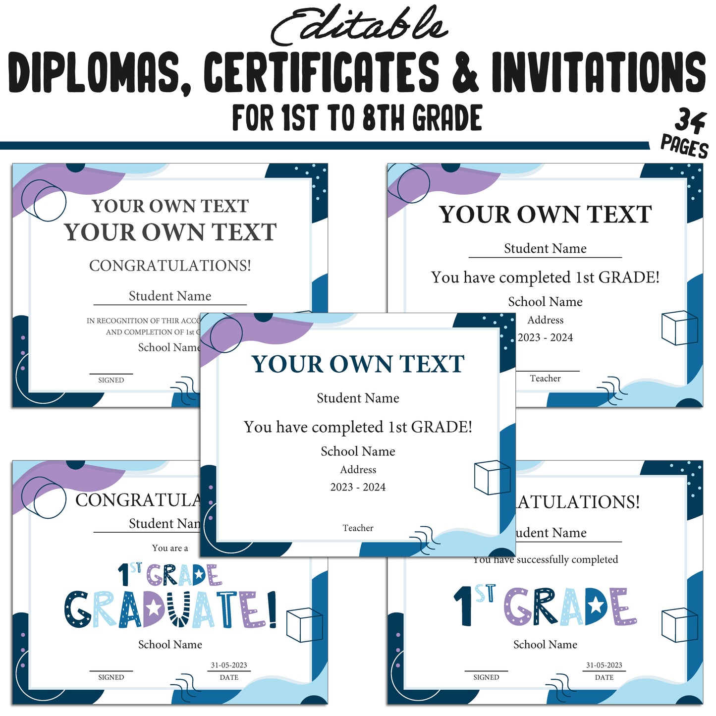 Printable 3rd Grade Diplomas, Editable Certificates for 1st-8th Grades & Invitation Templates in a Modern Design, 34 Pages, Instant Download