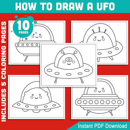 Draw Your Own UFO: Easy 5-Page Step-by-Step Drawing Guide for Kids with 5 Fun Coloring Pages, Perfect for Space-Themed Activities, PDF File, Instant Download