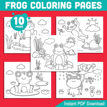 Frog Coloring Pages for Kids: 10 Charming Designs to Inspire Creativity in Preschool and Kindergarten, Instant PDF Download