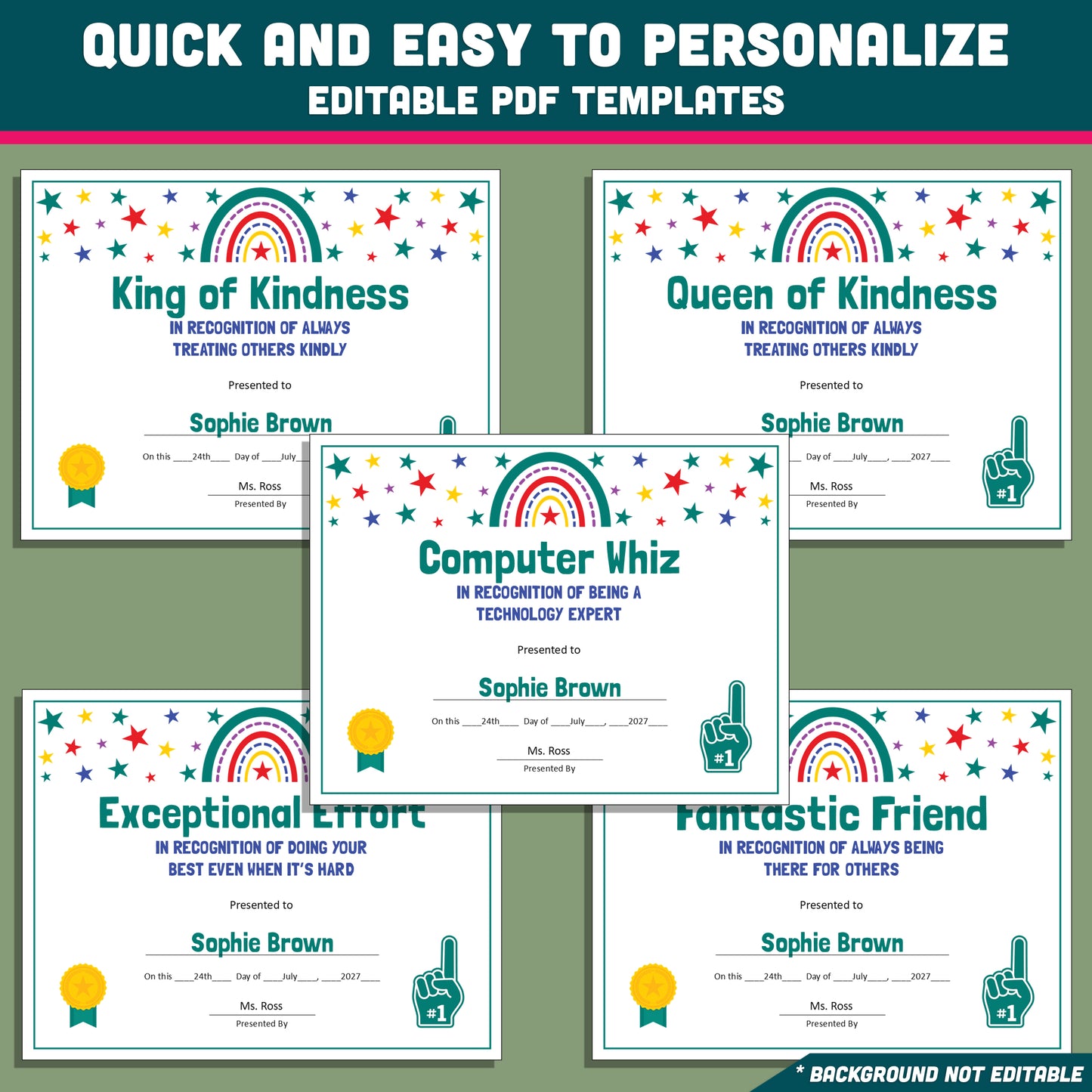 Custom Award Templates, Editable Student Certificates, 26 Printable Classroom Honors, PowerPoint Templates, Rainbow and Star Themed