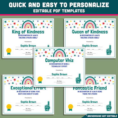 Custom Award Templates, Editable Student Certificates, 26 Printable Classroom Honors, PowerPoint Templates, Rainbow and Star Themed