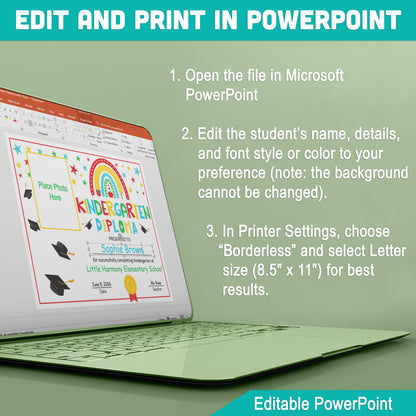 Personalized Kindergarten Diploma with Photo: Graduation Certificate Template in Letter Size, Editable PDF + PowerPoint, Last Day of School Keepsake, Instant Download!