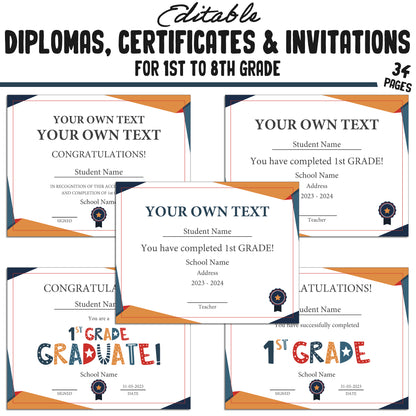 Printable 4th Grade Diplomas, Editable Certificates for 1st-8th Grades & Invitation Templates in a Flat Design, 34 Pages, Instant Download