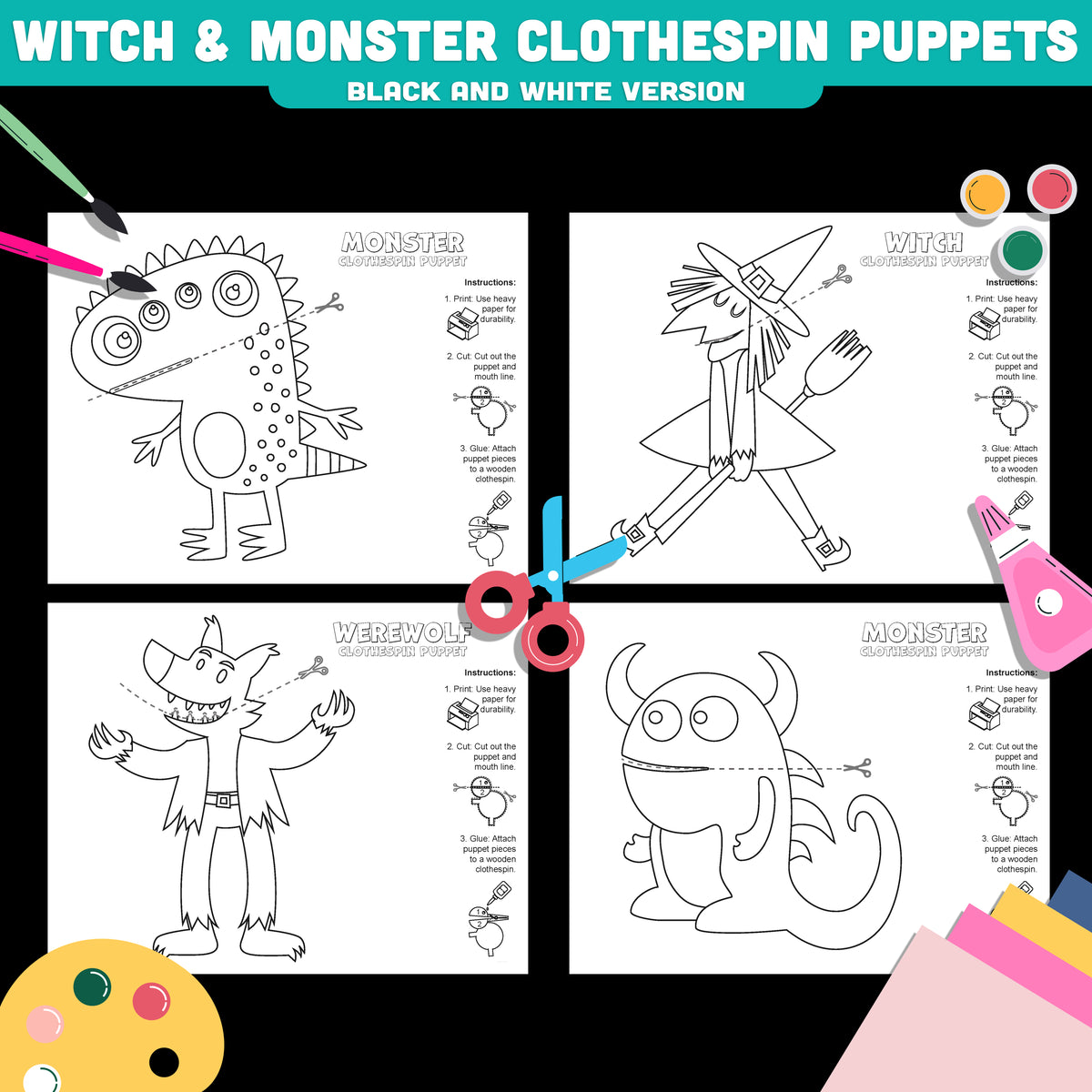Halloween Fine Motor Craft for Kids, Monster Witch Werewolf Puppets