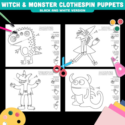 Halloween Fine Motor Craft for Kids, Monster Witch Werewolf Puppets