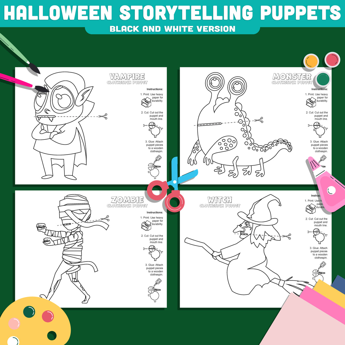 Halloween Clothespin Puppet Craft for Kids, Vampire, Monster, Witch and Zombie