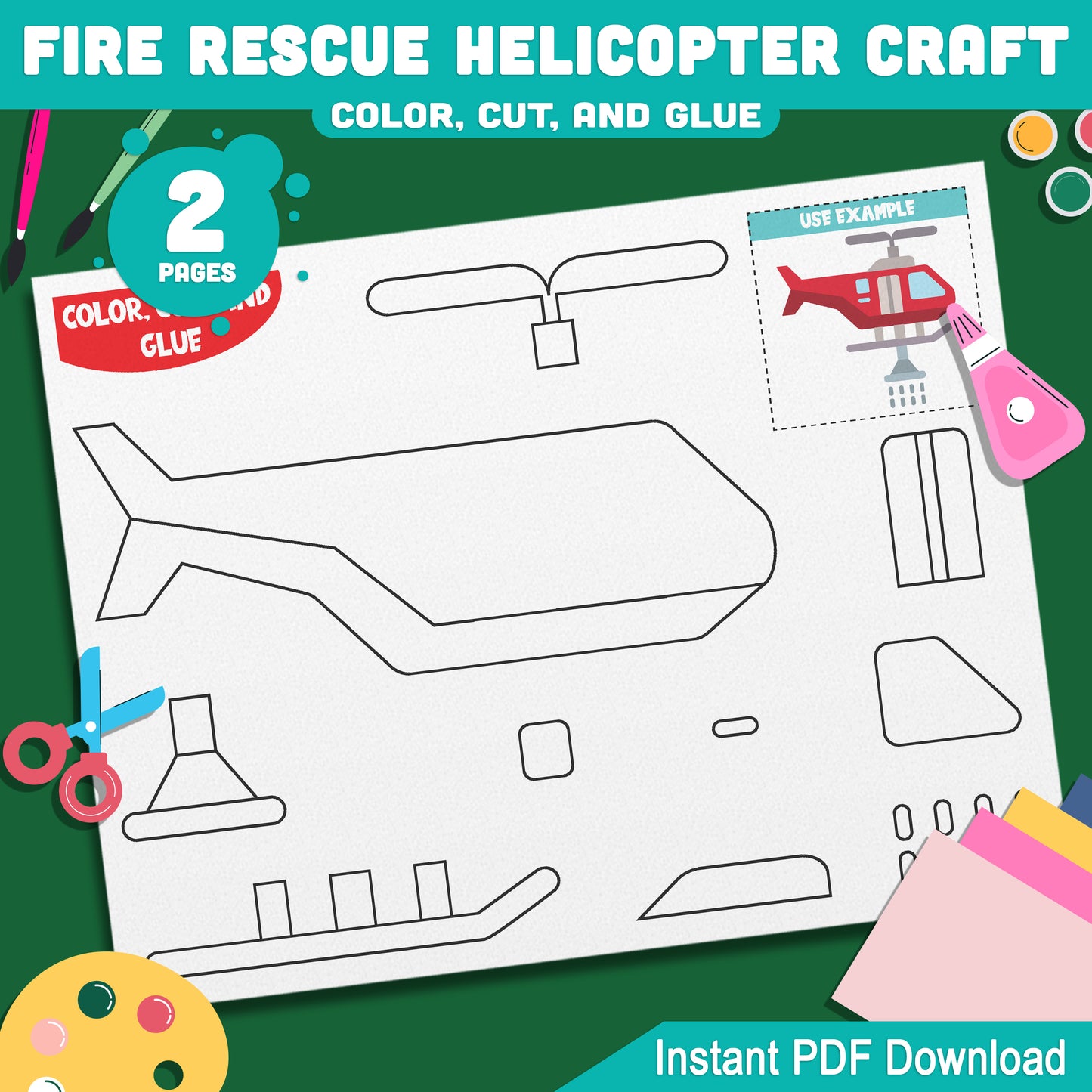 Interactive Fire Rescue Helicopter Craft: DIY Color, Cut, and Glue Activity for Kids' Art Projects, Suitable for Home or Classroom Use, PDF Download