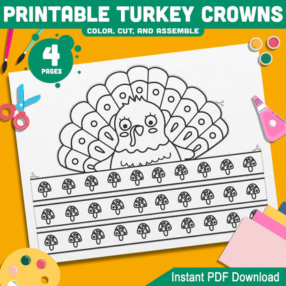 Turkey Crown Craft for Kids – 4 Printable Paper Hat Templates for Thanksgiving Celebrations and Party Bags, Easy PDF Instant Download!