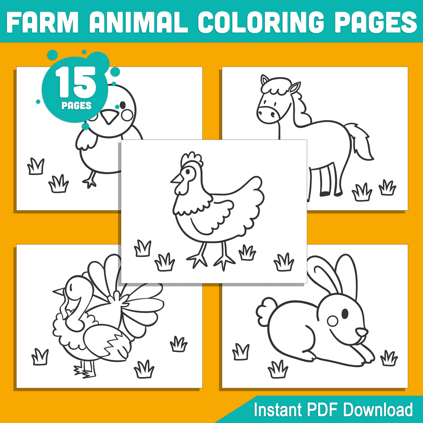 15 Simple Farm Animal Coloring Pages with Thick Borders for Preschool & Kindergarten – Easy-to-Print, Large Size PDF, Instant Download