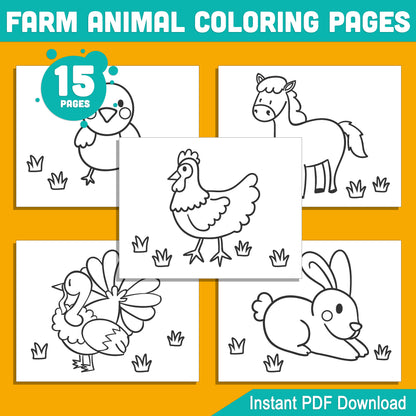 15 Simple Farm Animal Coloring Pages with Thick Borders for Preschool & Kindergarten – Easy-to-Print, Large Size PDF, Instant Download