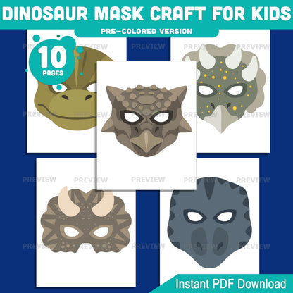 Dinosaur Face Coverings Printable, Prehistoric Character Outlines, Toddler Role Play Resource, Early Learning Craft Center, 10 Designs, Precolored Black and White, 8.5 x 11, Instant PDF Download