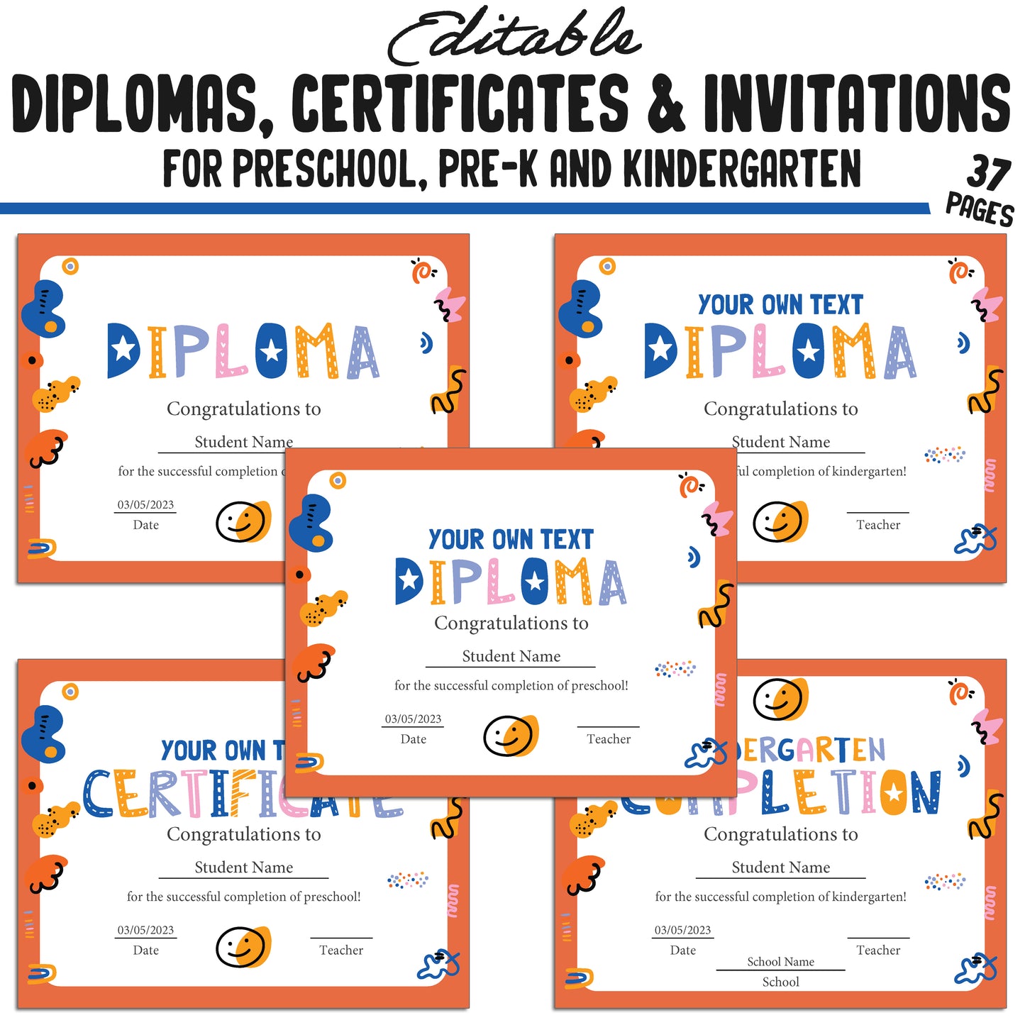 Boost Your Graduation Ceremony with 37 Editable Kindergarten, Pre-K, Preschool Certificates, Diplomas & Invitations, Instant PDF Download!