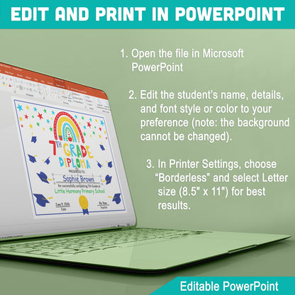 Personalized 7th Grade Diploma Template: Customizable PDF & PowerPoint Design for Graduation, Achievements, and Recognition Awards, Letter Size