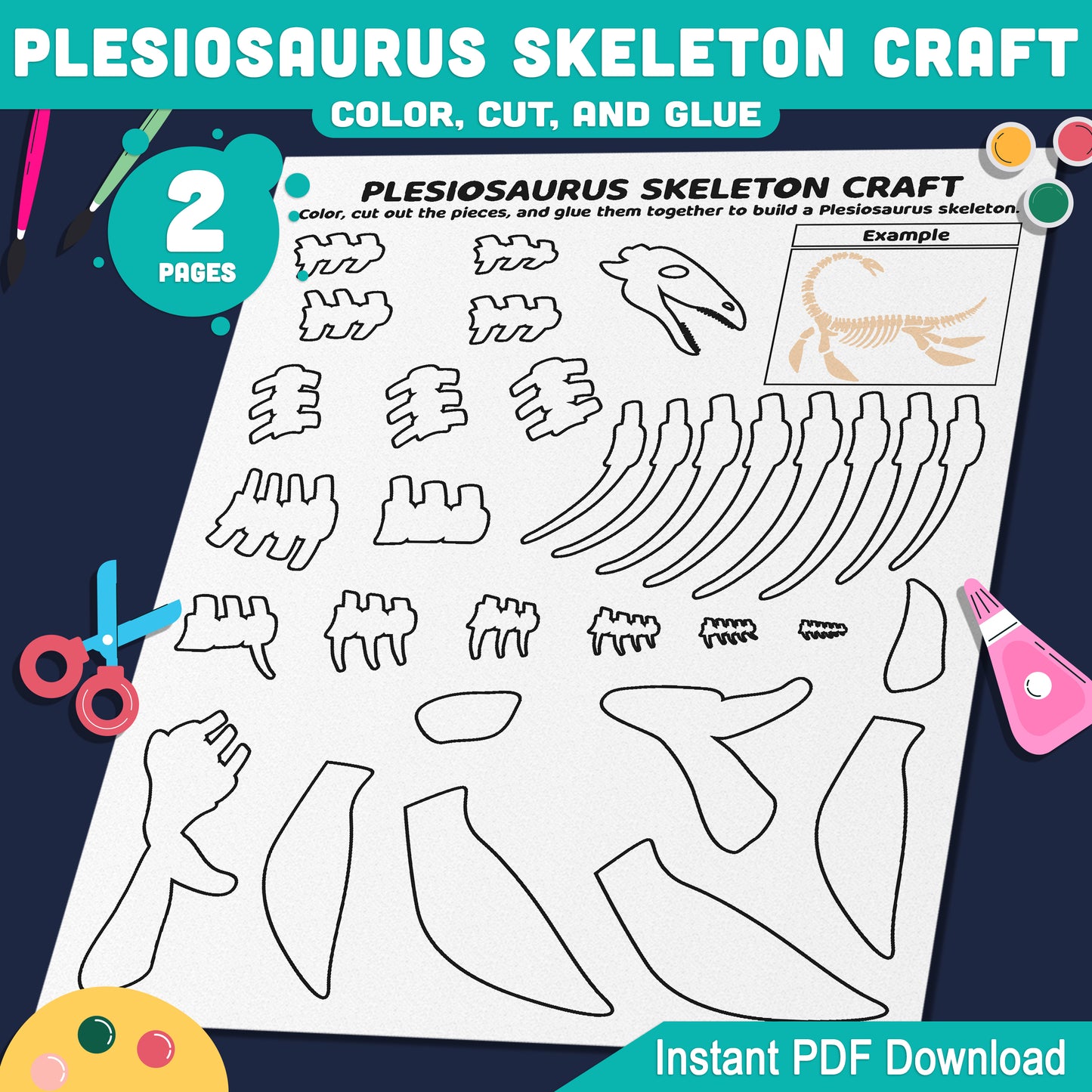 Plesiosaurus Skeleton Craft, Build a Prehistoric Sea Animal Skeleton, Printable Color, Cut and Paste, US Letter, A4 PDF