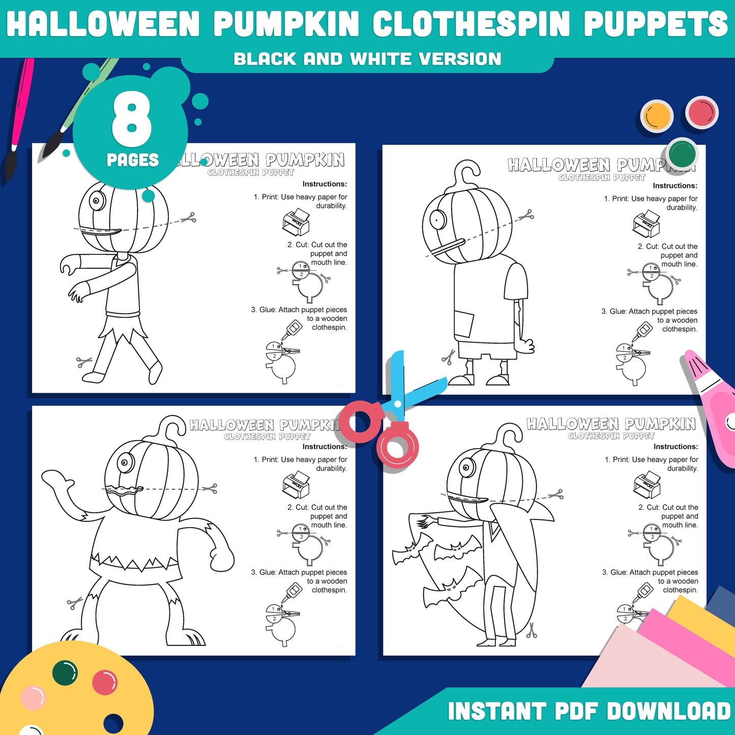 Halloween Pumpkin Clothespin Puppets: 8-Page Kids Printable Craft with 4 Designs, Pre-Colored and Black and White Options, Instant PDF Download