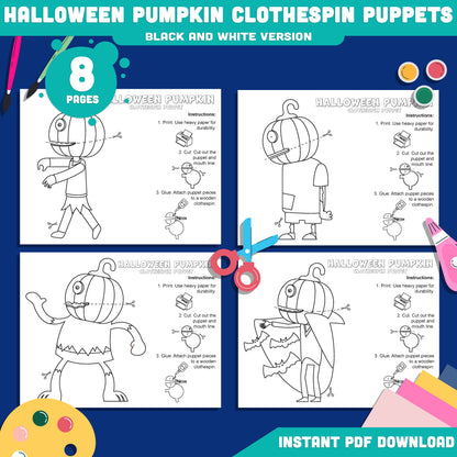Halloween Pumpkin Clothespin Puppets: 8-Page Kids Printable Craft with 4 Designs, Pre-Colored and Black and White Options, Instant PDF Download