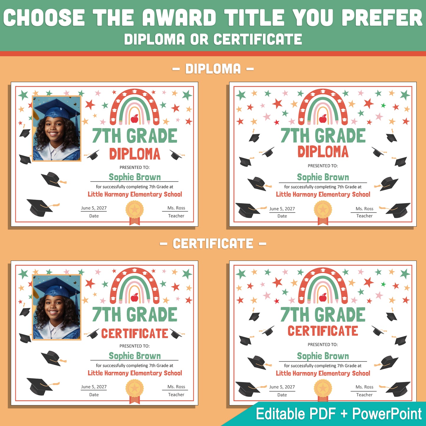Editable 7th Grade Graduation Diploma & Certificate Set, Retro Rainbow Stars Theme, Printable Awards, Photo or No-Photo, PDF, PowerPoint