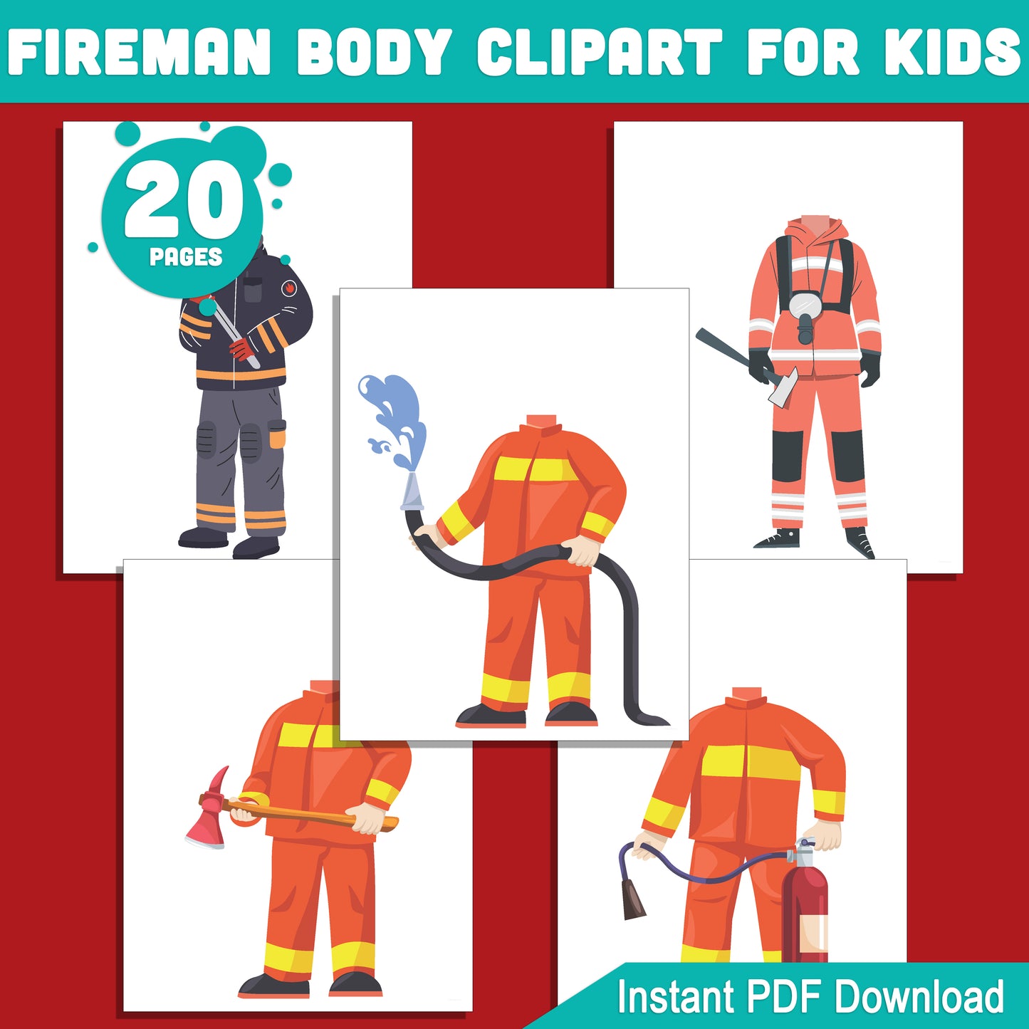 Kids’ Fireman Body Clipart: 20-Page Set of Printable Firefighter Templates, Add Your Own Face for Exciting Crafts, Role-Playing, and DIY Fun