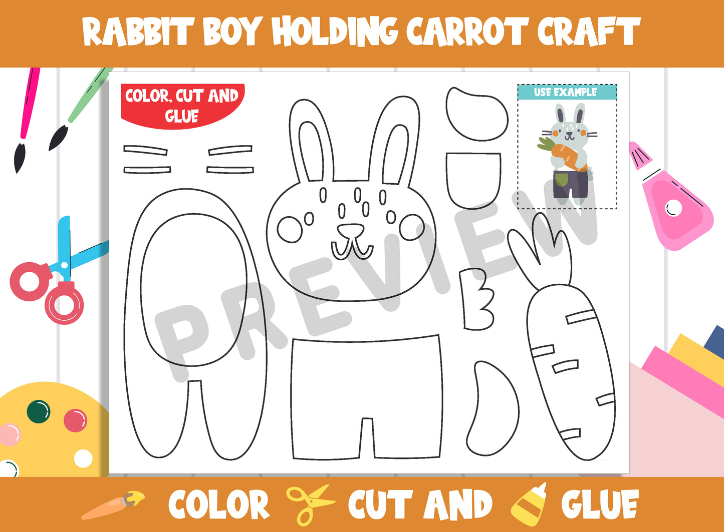 Rabbit Boy Holding Carrot Craft Activity : Color, Cut, and Glue for PreK to 2nd Grade, PDF File, Instant Download