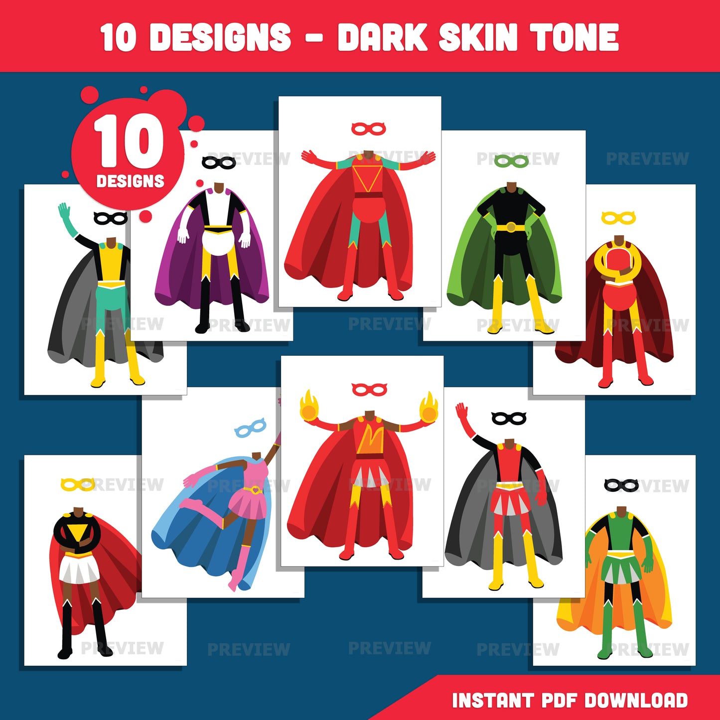 Male & Female Superhero Templates – Design Your Own Hero, Add Your Face Craft, 10 Unique Designs Light + Dark Skin Tone, Coloring Version Included, PDF + PNG