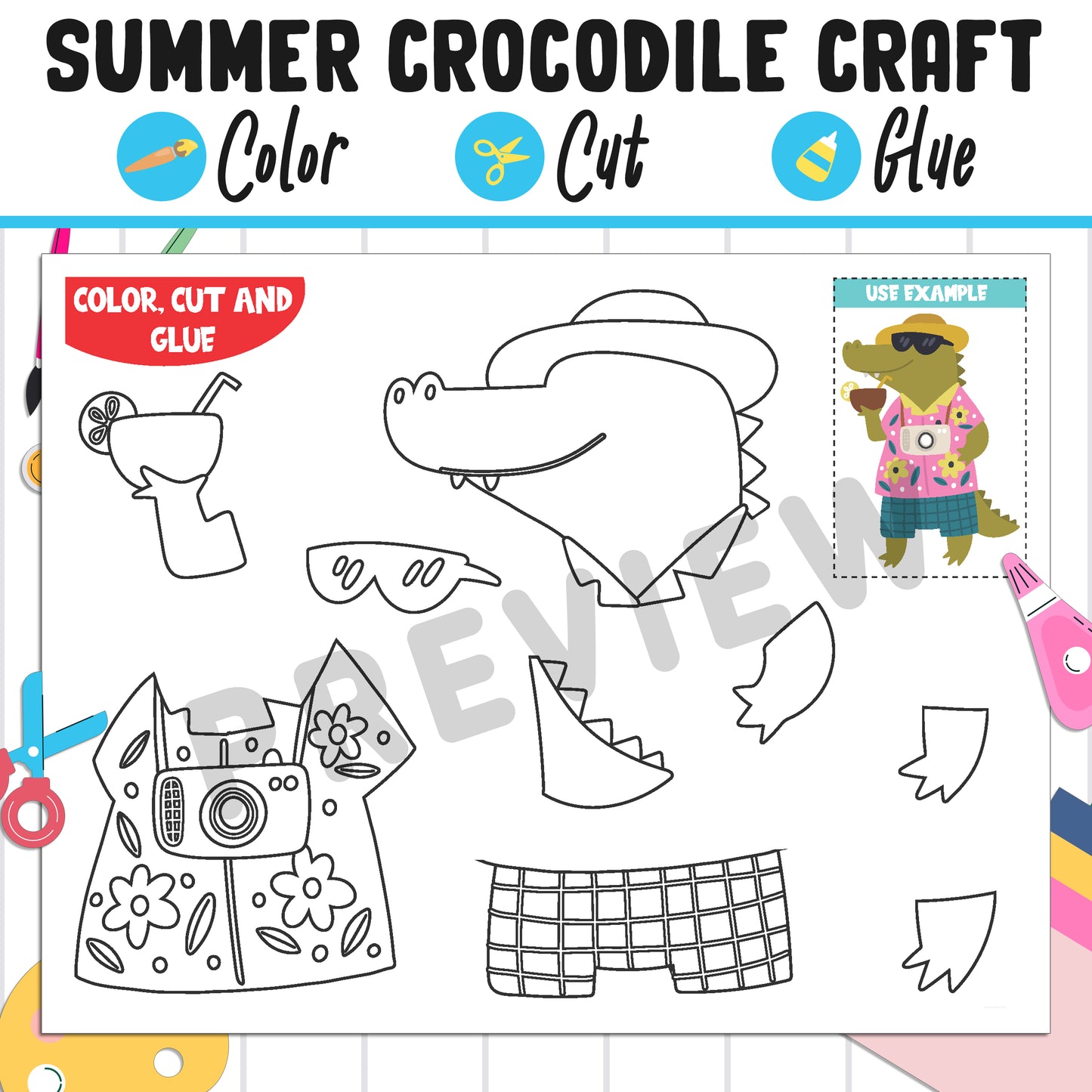 Summer Crocodile Craft for Kids: Color, Cut, and Glue, a Fun Activity for Pre K to 2nd Grade, PDF Instant Download