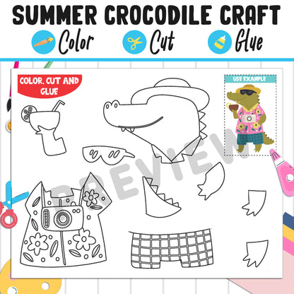 Summer Crocodile Craft for Kids: Color, Cut, and Glue, a Fun Activity for Pre K to 2nd Grade, PDF Instant Download