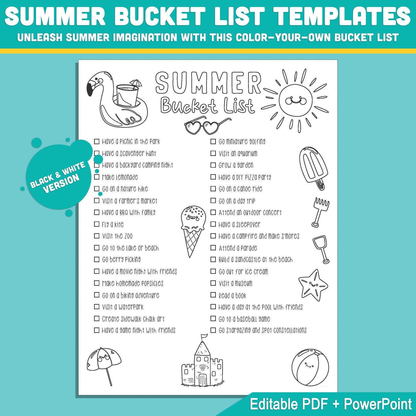 Editable Summer Bucket List for Kids: Printable Planner with Activities, Blank Pages, Color & Black & White, 8.5x11", Instant Use