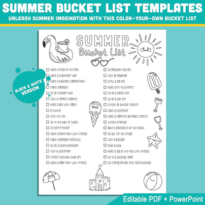 Editable Summer Bucket List for Kids: Printable Planner with Activities, Blank Pages, Color & Black & White, 8.5x11", Instant Use