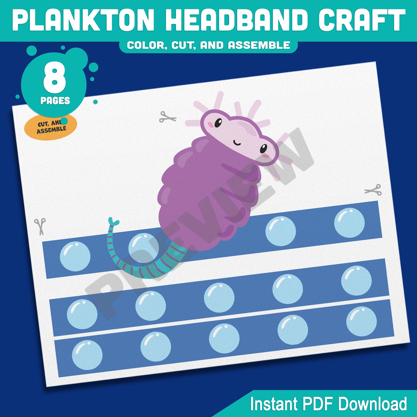 Plankton Headband Craft Under the Sea Paper Hat Activity, Pre-color + Black and White