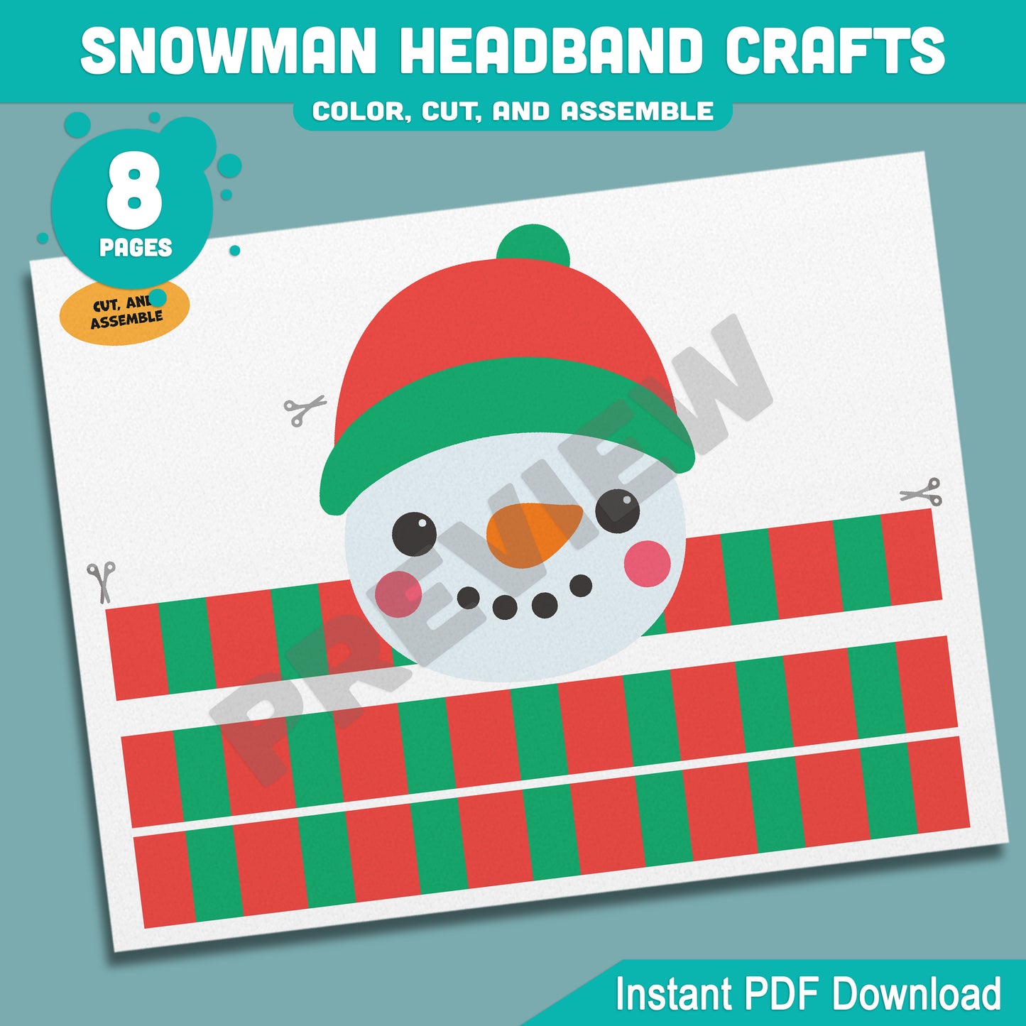 Printable Snowman Headband Crafts, Christmas Crown and Paper Hat Activity, Cut, Color & Assemble, Winter Craft for Kids, 4 Designs, Pre-color + Black & White, PDF Download