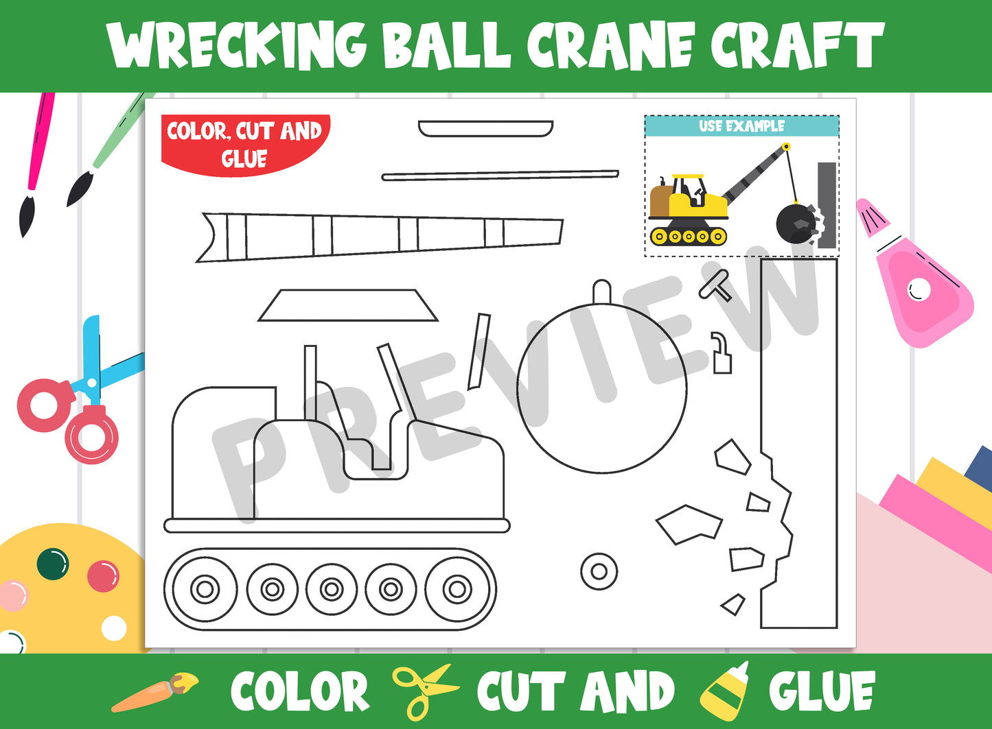 Yellow Wrecking Ball Crane Craft Activity - Color, Cut, and Glue for PreK to 2nd Grade, PDF File, Instant Download