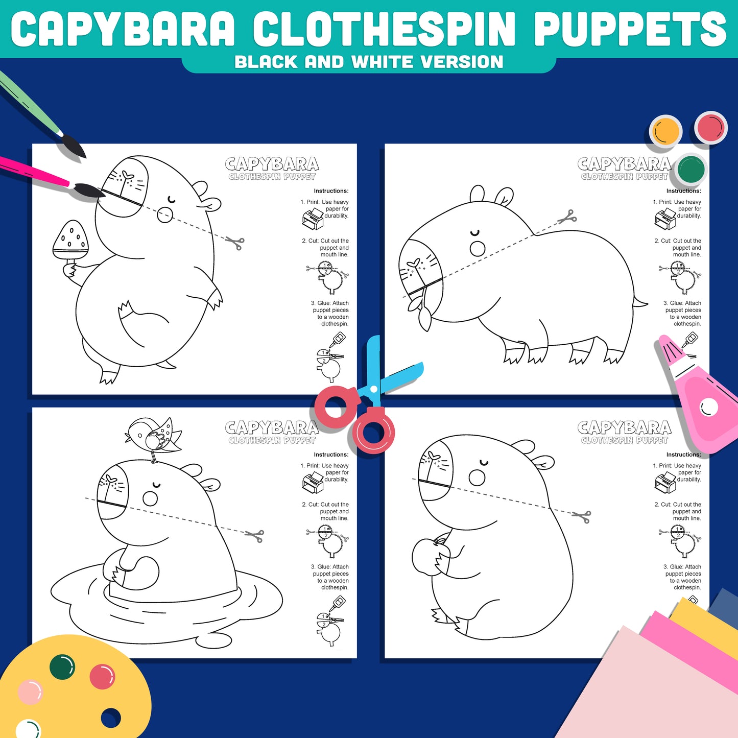 Interactive Capybara Puppets, Printable Clothespin Animal Craft, Color, Cut & Play Activity, Pre-Colored & Black and White PDF