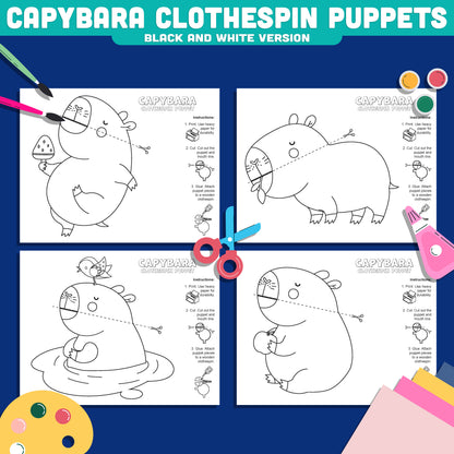 Interactive Capybara Puppets, Printable Clothespin Animal Craft, Color, Cut & Play Activity, Pre-Colored & Black and White PDF