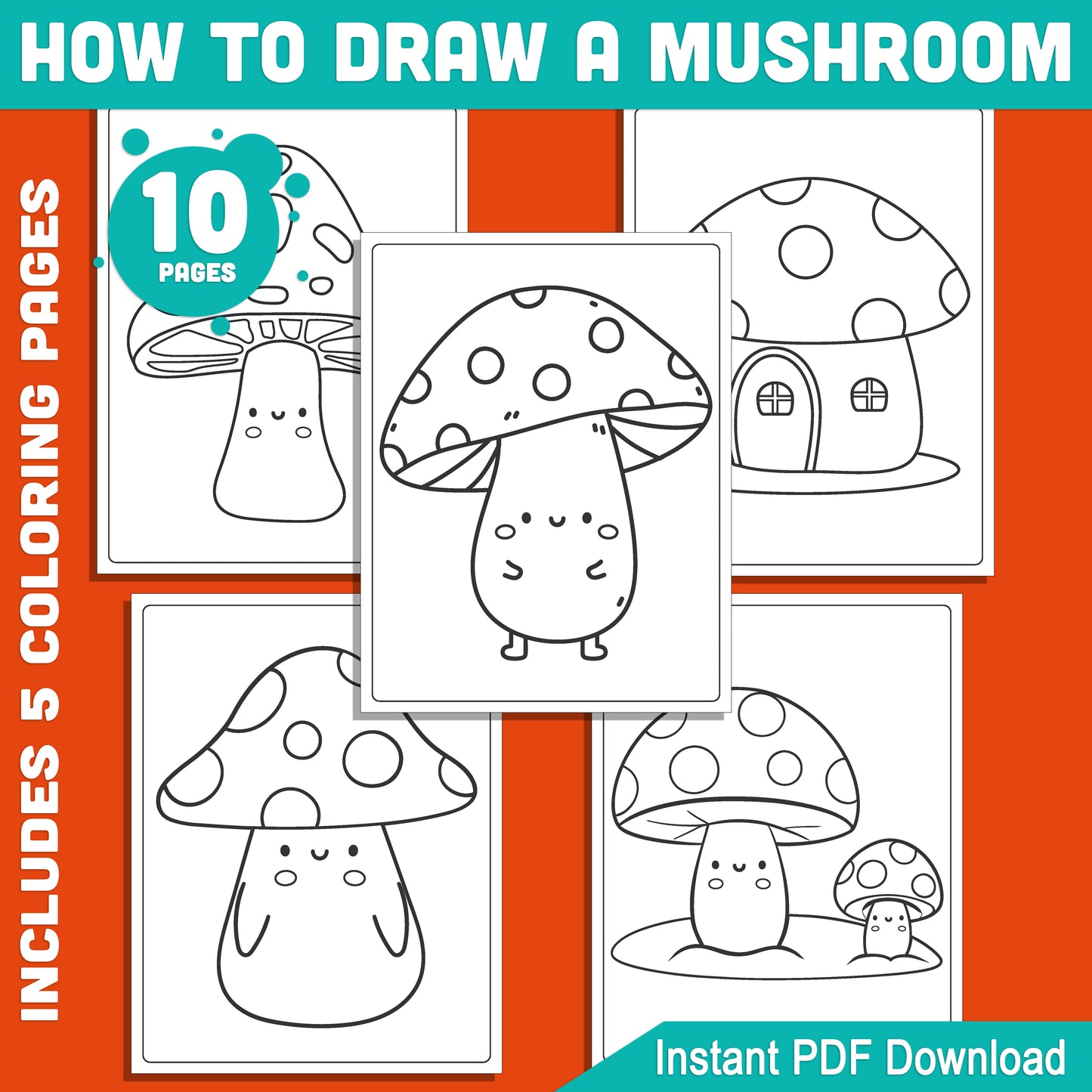 6-Step Mushroom Drawing Tutorial + 5 Fun Coloring Pages, Engaging Art Activity for Kids to Boost Creativity, Instant PDF Download