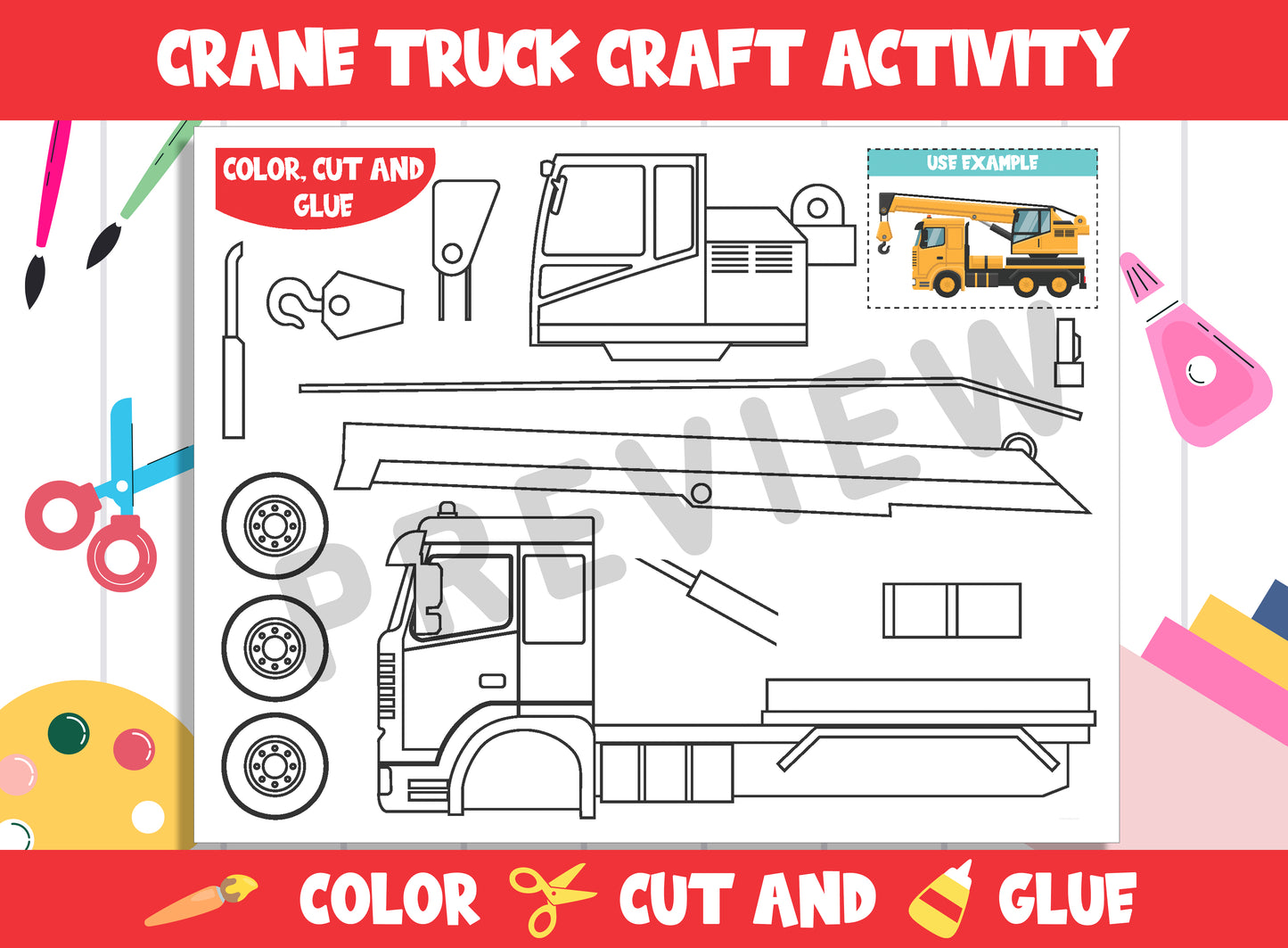 Construction Vehicle Craft Activity - Crane Truck : Color, Cut, and Glue for PreK to 2nd Grade, PDF File, Instant Download