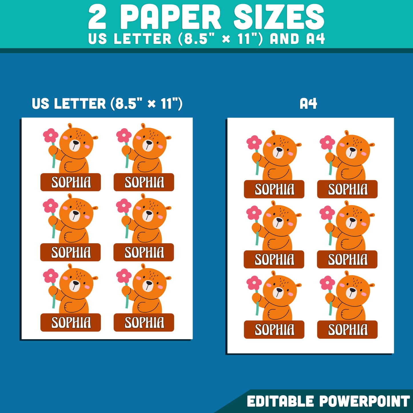 Bear Name Tags, Editable Locker & Cubby Labels, Cheerful Animal Classroom Theme, PowerPoint Template, 10 Designs, Student Spaces, US Letter, A4
