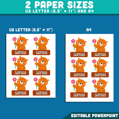 Bear Name Tags, Editable Locker & Cubby Labels, Cheerful Animal Classroom Theme, PowerPoint Template, 10 Designs, Student Spaces, US Letter, A4
