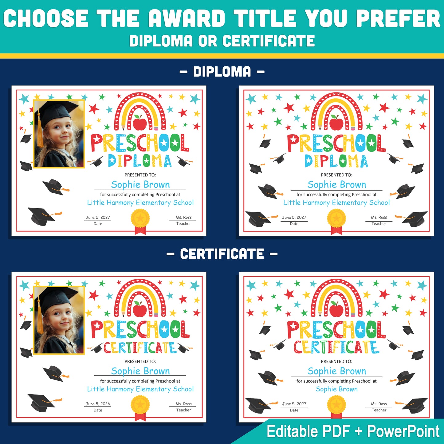 Editable Preschool Graduation Diploma & Certificate Set, Printable Awards with Student Photo Option, Rainbow Stars Theme, Edit in PDF, PowerPoint, Canva