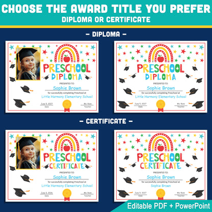 Editable Preschool Graduation Diploma & Certificate Set, Printable Awards with Student Photo Option, Rainbow Stars Theme, Edit in PDF, PowerPoint, Canva