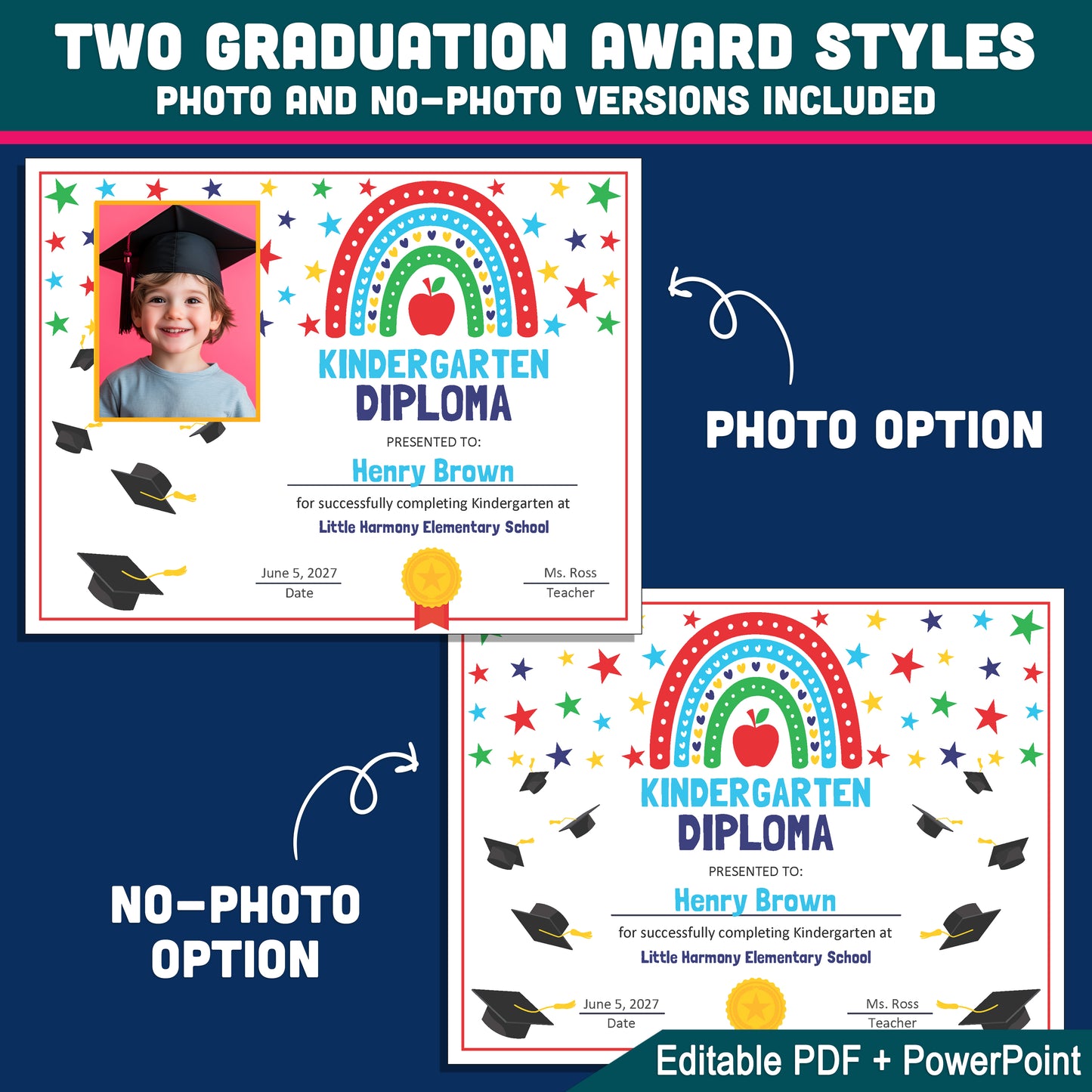 Editable Kindergarten Graduation Diplomas, Printable Rainbow Awards, Diploma or Certificate, PDF and PowerPoint, Any Grade