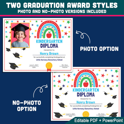 Editable Kindergarten Graduation Diplomas, Printable Rainbow Awards, Diploma or Certificate, PDF and PowerPoint, Any Grade